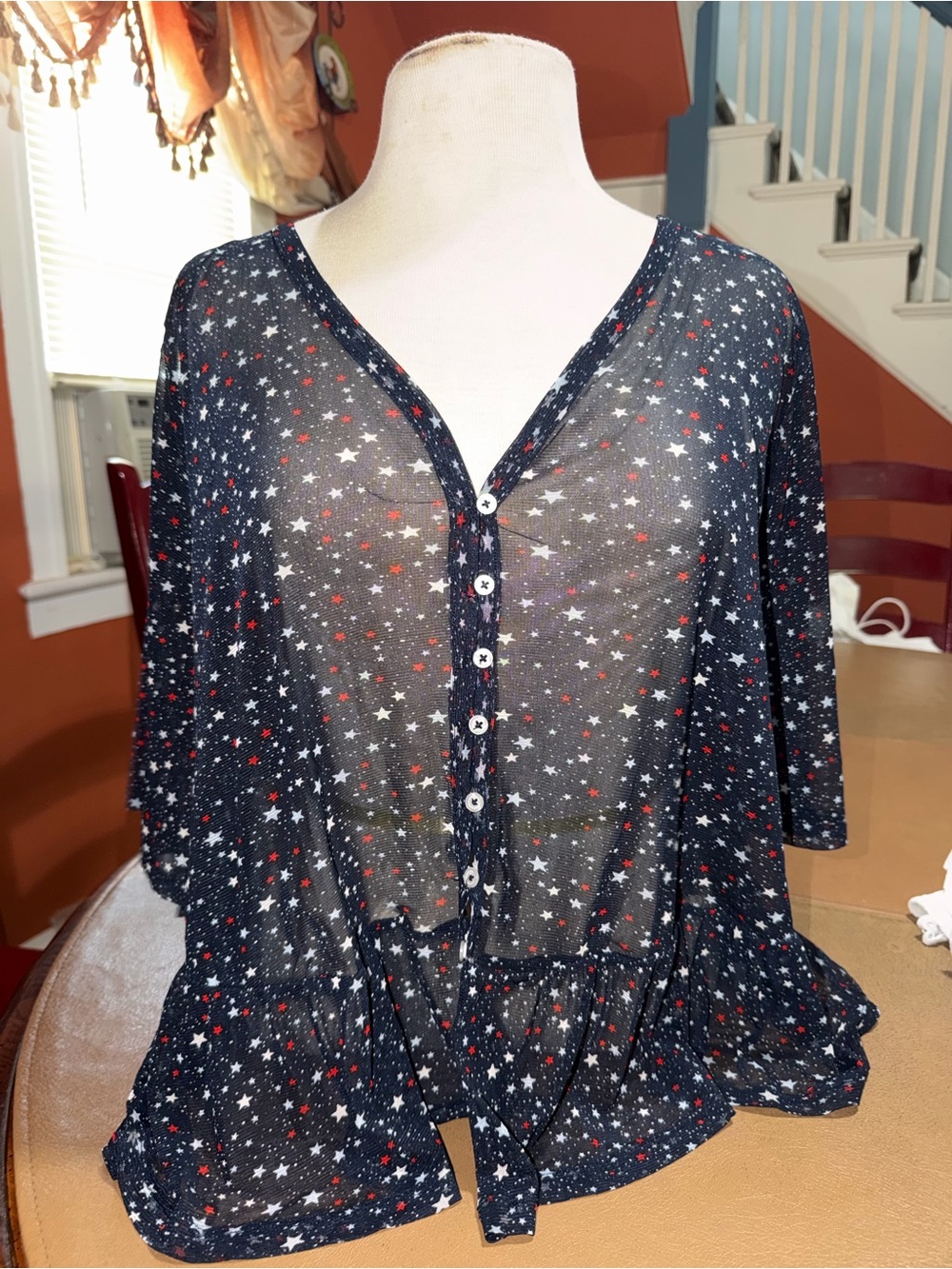 Lane Bryant Navy Star Button-Front Tie Hem Blouse